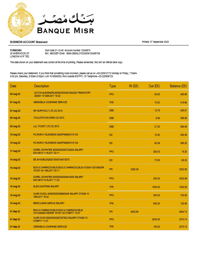 Modèle Word et PDF de relevé de compte courant de l'organisation Banque Misr